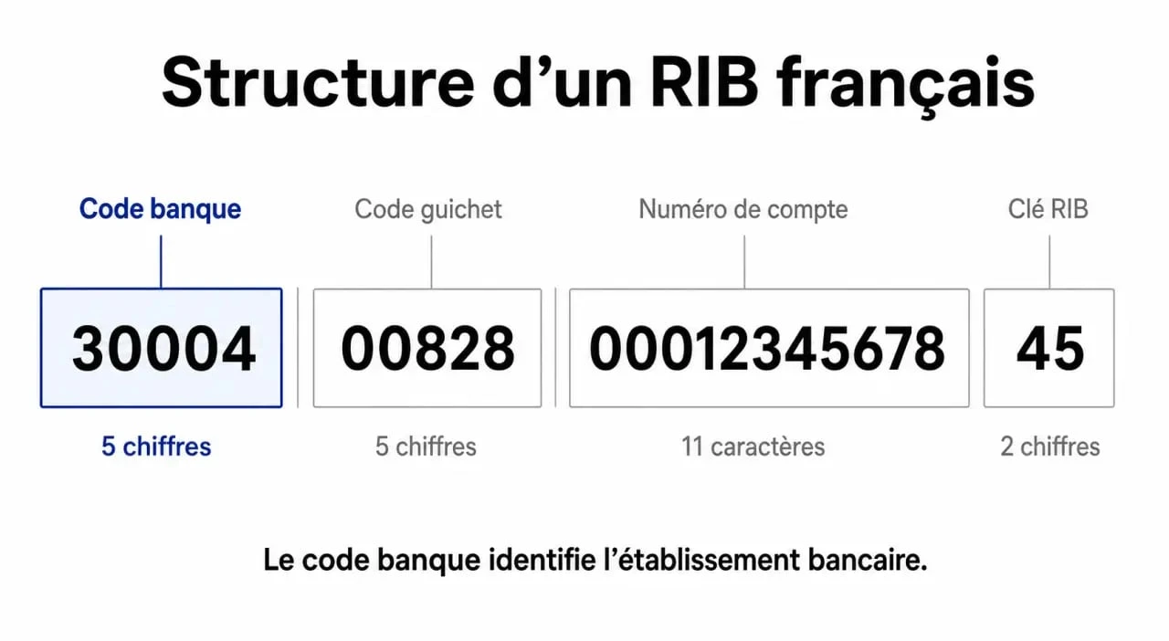 Schéma explicatif de la structure d'un RIB français avec mise en évidence du code banque 10907