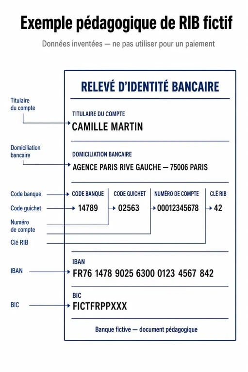 Exemple de rib fictif annoté avec le titulaire, l’IBAN, le BIC, le code banque et le code guichet