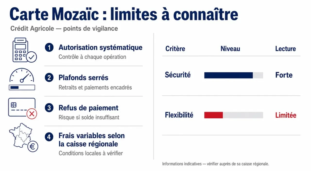 Carte Mozaïc inconvénient : infographie éditoriale sur les plafonds, les refus de paiement et les frais variables