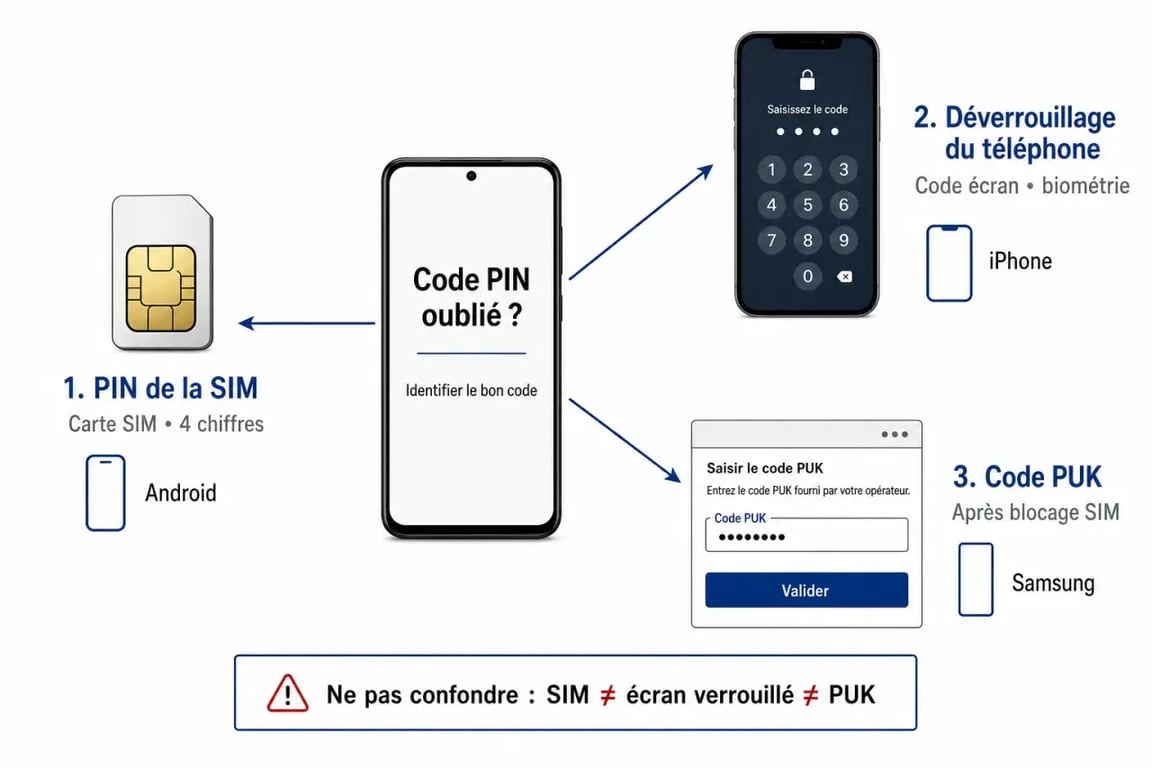 Oubli code pin : schéma décisionnel entre PIN SIM, code PUK et code de déverrouillage du téléphone