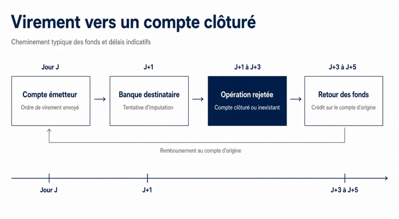 Virement sur compte clôturé : schéma du rejet bancaire et du retour des fonds vers le compte d’origine