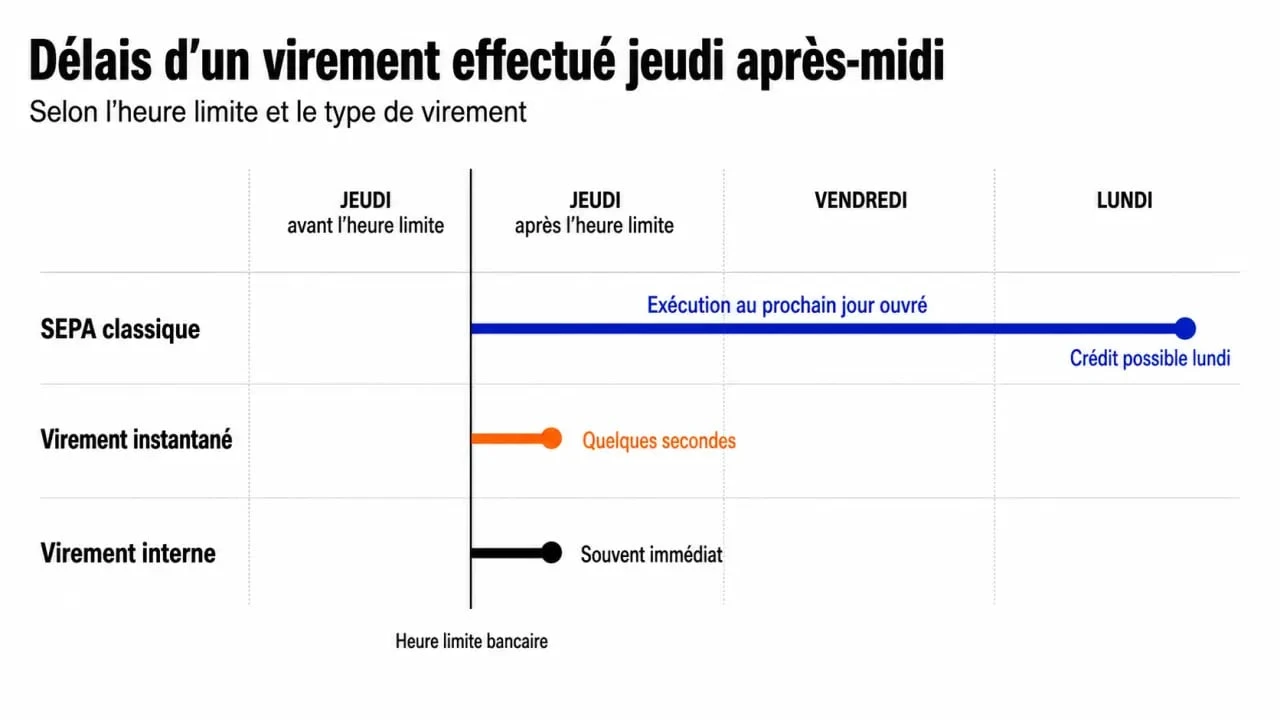 Quand arrive un virement fait le jeudi après-midi : frise des délais de crédit selon l’heure d’émission