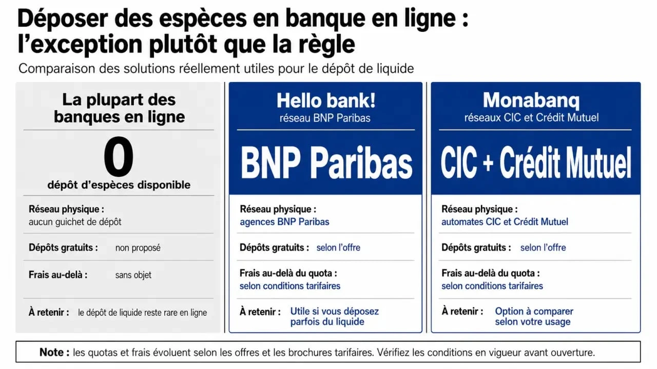 Banque en ligne depot espece : comparaison visuelle entre Hello bank! et Monabanq