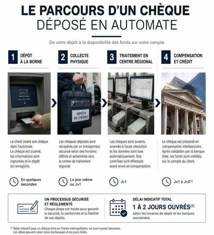 Infographie du parcours d'un chèque déposé en automate au Crédit Agricole