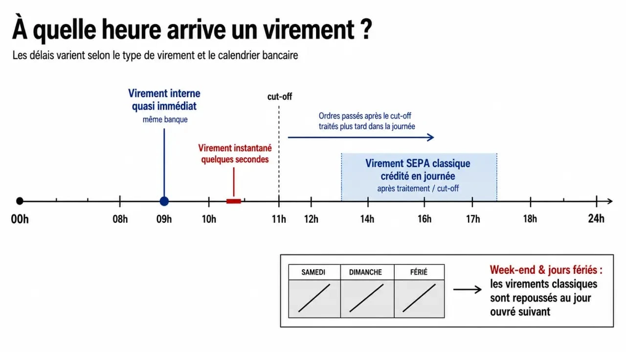 Heure des virements bancaires : frise horaire des crédits, cut-off, virement SEPA classique et instantané