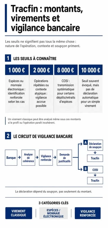 Infographie sur tracfin montant virement avec seuils et circuit de contrôle bancaire