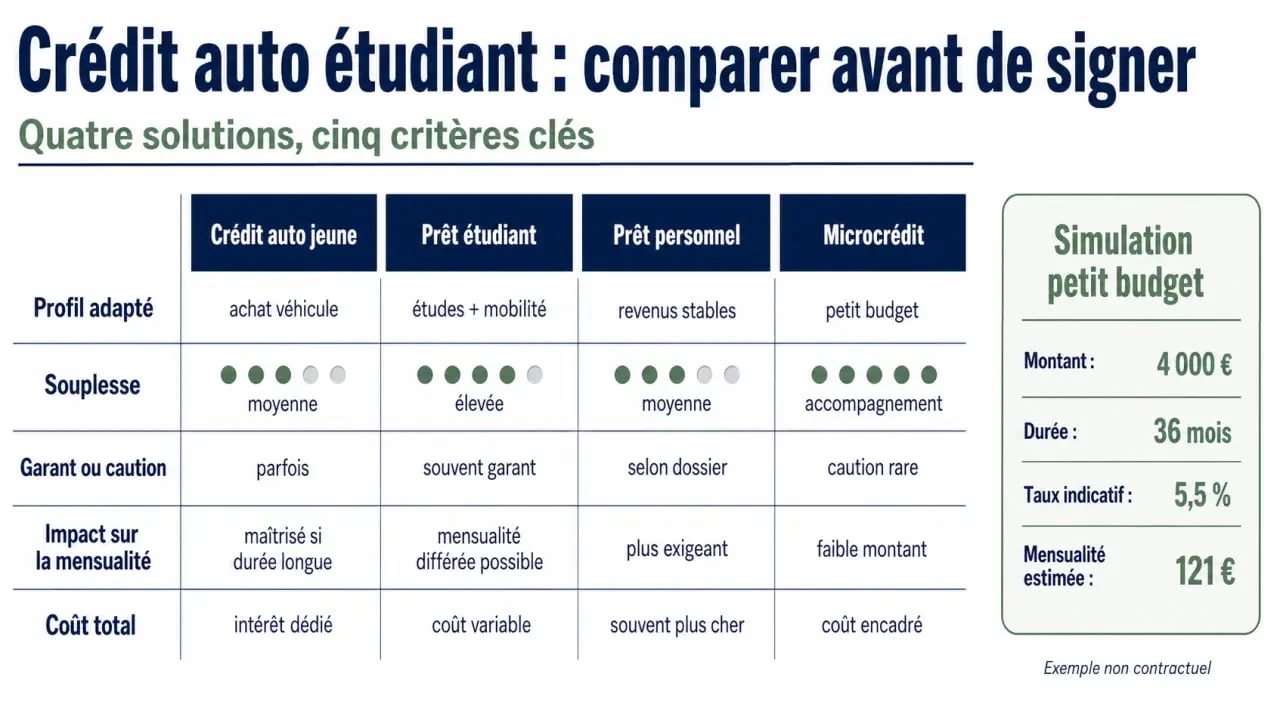 Crédit auto étudiant : comparaison visuelle des solutions de financement et des conditions d’accès