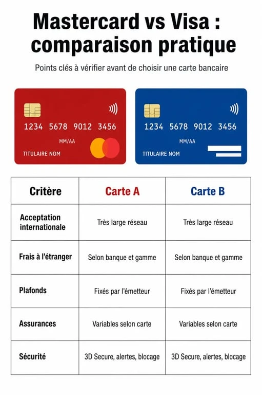 Mastercard vs Visa card : comparatif visuel des différences de frais, assurances et acceptation internationale