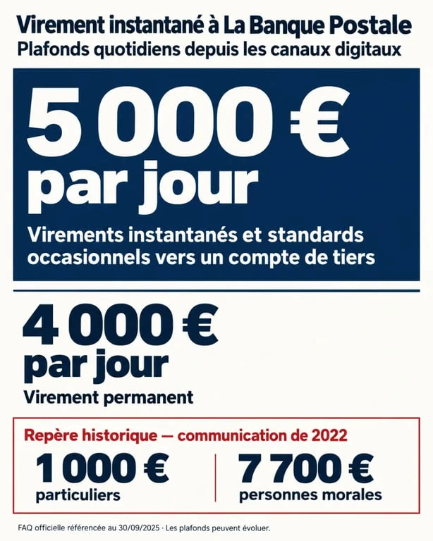 Montant max virement instantané La Banque Postale : plafond de 5 000 € par jour et comparaison avec le virement permanent