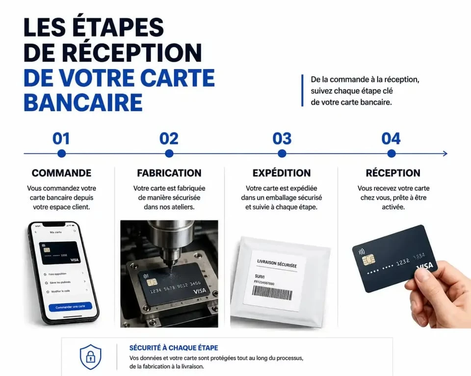 Timeline des étapes de réception d'une nouvelle carte bancaire après commande