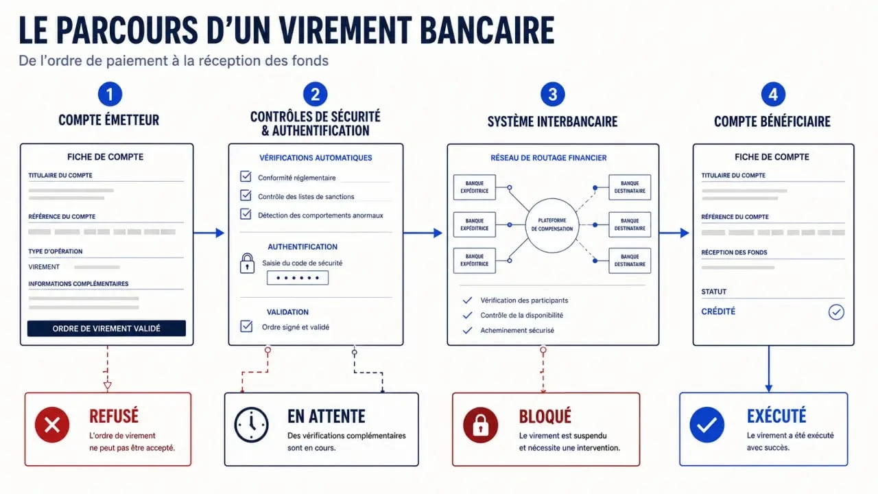 Schéma explicatif d’un problème de virement bancaire et de son parcours entre les banques