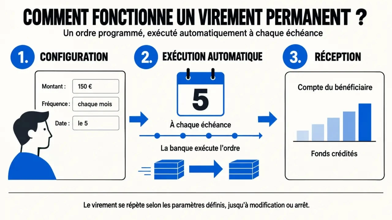 Schéma du fonctionnement d’un virement permanent entre le compte émetteur, la banque et le bénéficiaire