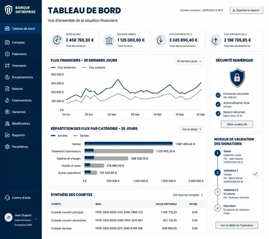 Interface de gestion Sogecash entreprise avec outils de sécurité et validation de virements